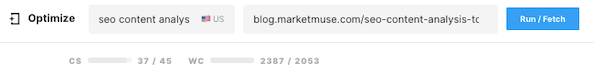 MarketMuse Optimize showing Content Score and Word Count bars.