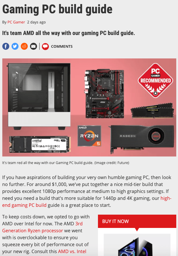 Screenshot of a gaming PC build guide.