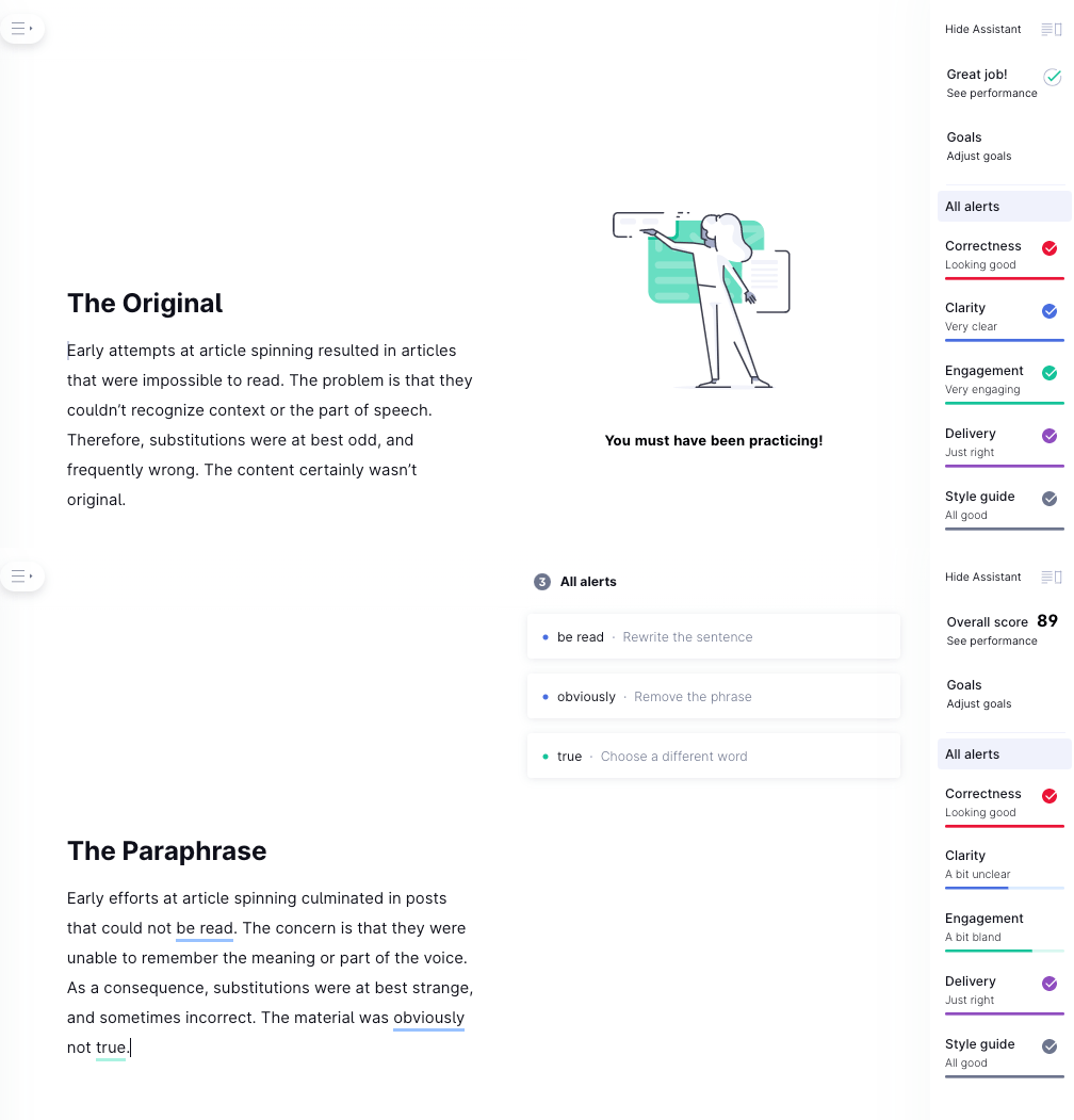 Screenshots from Grammarly comparing the original paragraph to the paraphrased version.