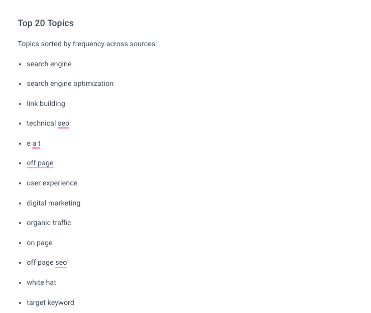 Screenshot of Frase.io content brief listing top 20 topics.
