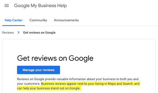 Screen shot of Google My Business Help center explaining what reviews are.