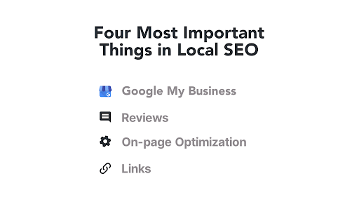 A list of the four most important things in local SEO. Google My Business, Reviews, On-page Optimization, and links.