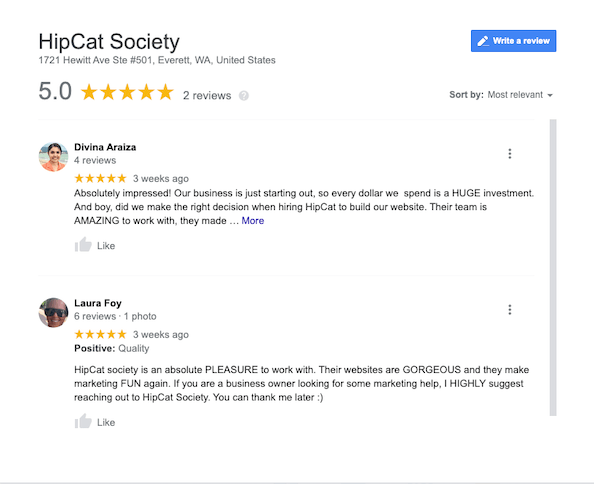 Google Reviews for Hipcat Society showing two reviews consisting of reviewer name and headshot, # of reviews they have left, star rating, review text, and like button.