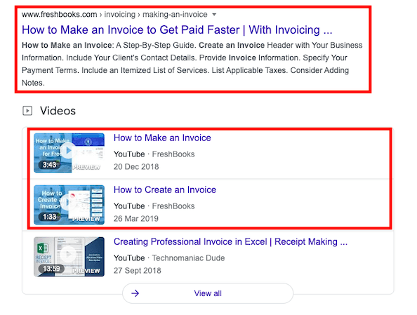 SERP results for the search term "how to make an invoice" showing one organic listing plus three video listings.