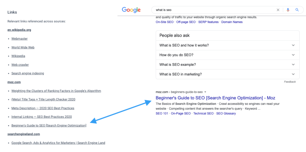 Link suggestions and Google search results for the term "what is SEO".