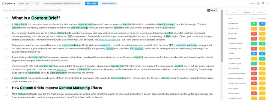 MarketMuse Optimize editor showing text along with a list of topics, their number of mentions and the suggested usage.
