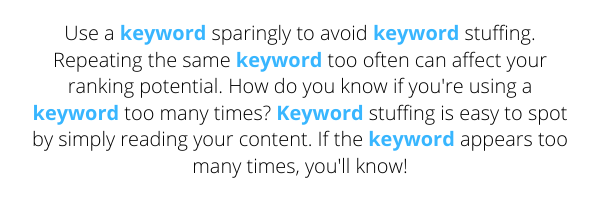 Example of keyword stuffing showing the term "keyword" used in every sentence of a 5-sentence paragraph.