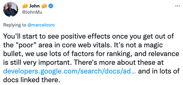 John Mueller suggesting to focus on core web vitals with a "poor" score.