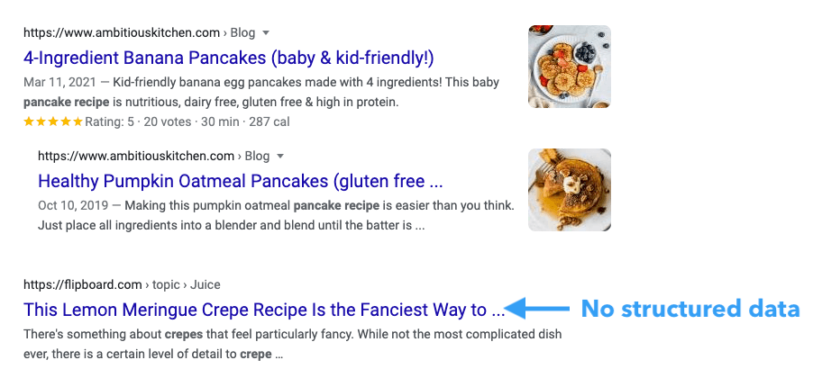 Google SERP showing enriched listings using structured data and regular listing (URL, title and description)