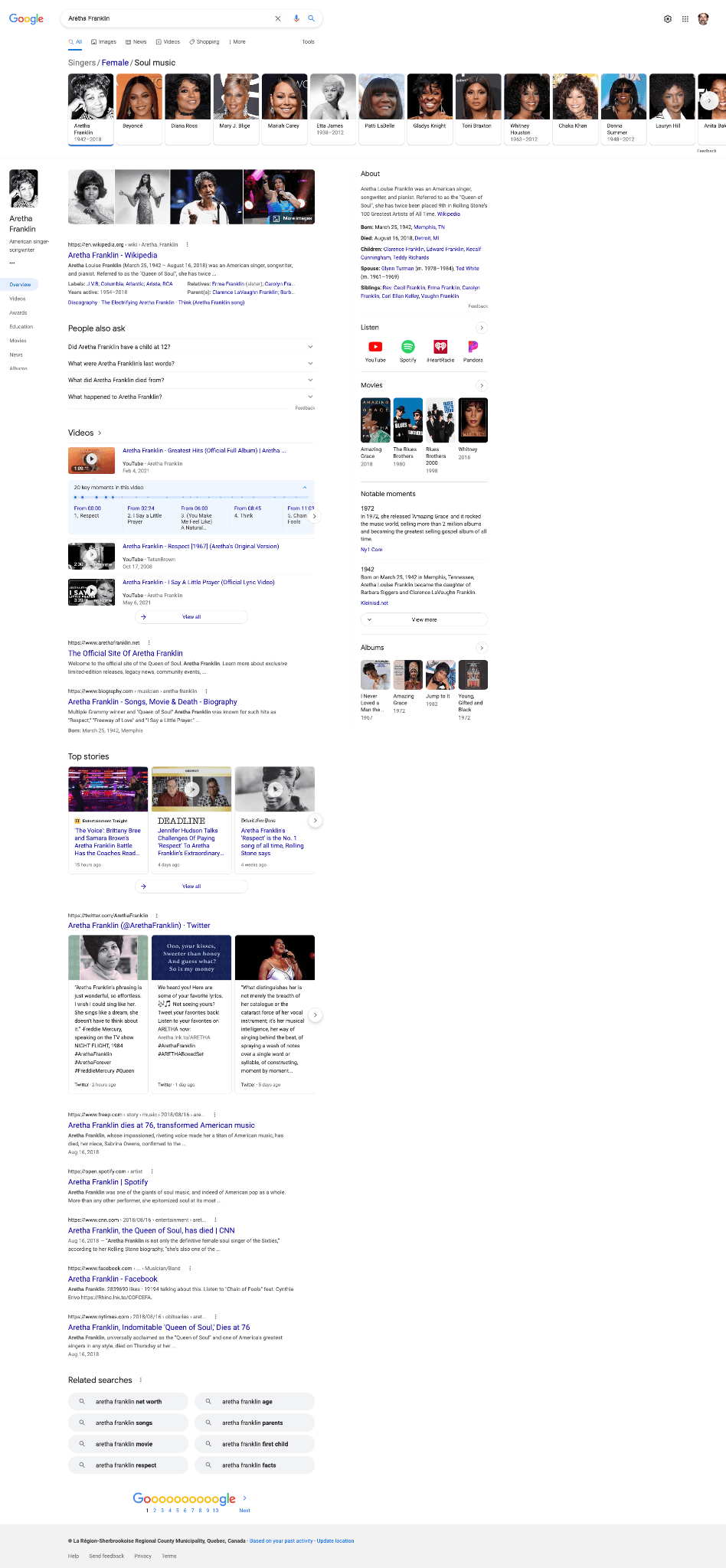 Google SERP for Aretha Franklin based on interaction with previous search term, “famous american soul singers female.” 