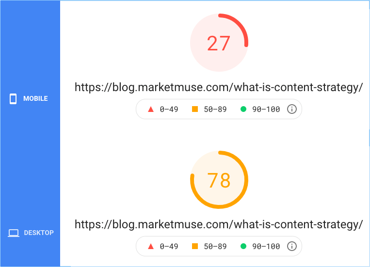 Page Speed Insights for one page so difference in score between mobile (27) and desktop (78).