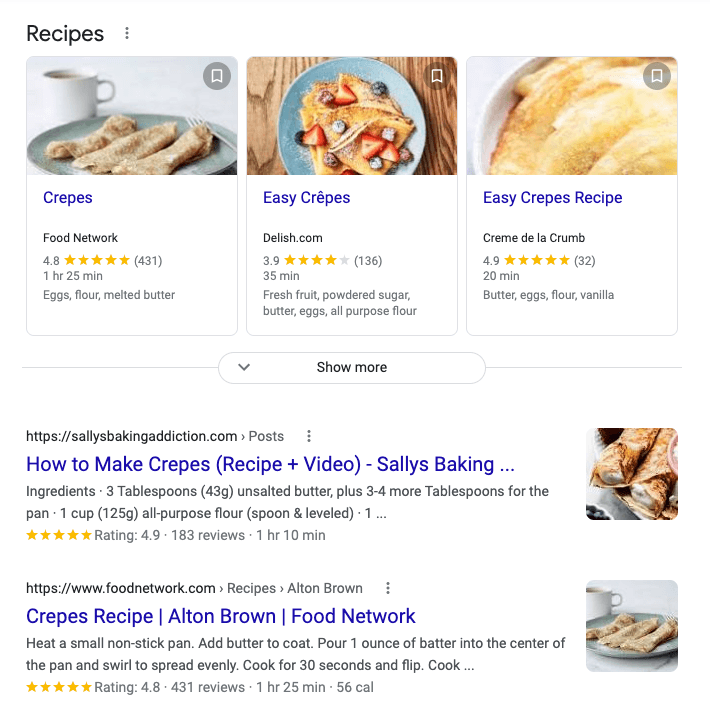 Google SERP for a recipe showing enriched results.
