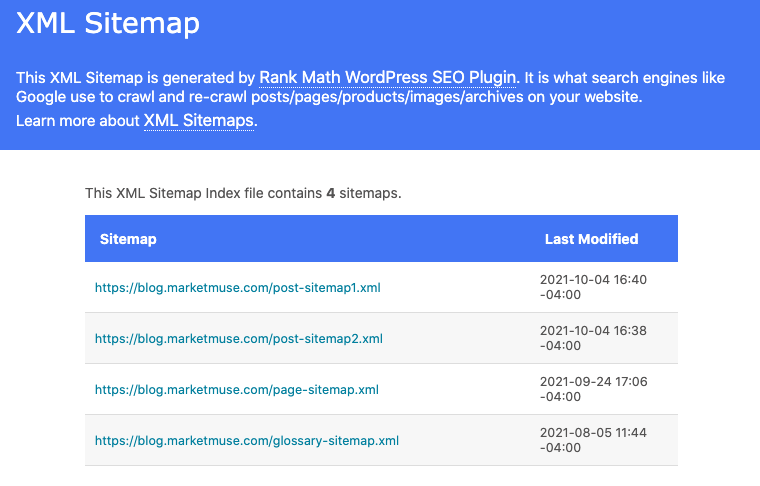 Sitemap index file containing multiple sitemaps.