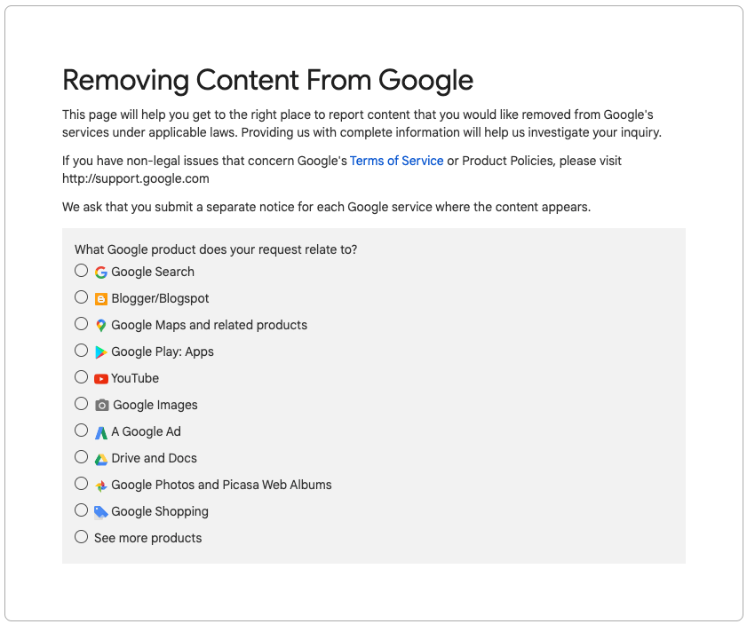List of Google services from where content content can be removed.