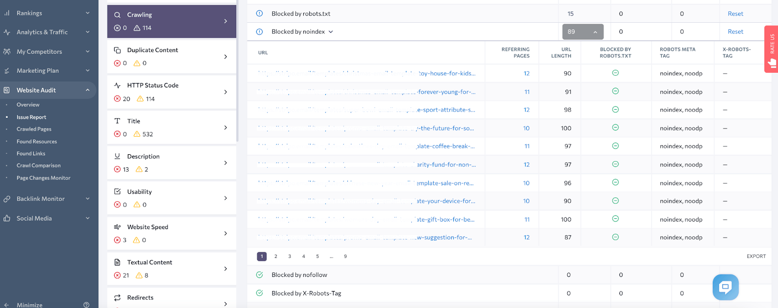 SE Ranking Website Audit list of pages blocked from bots.