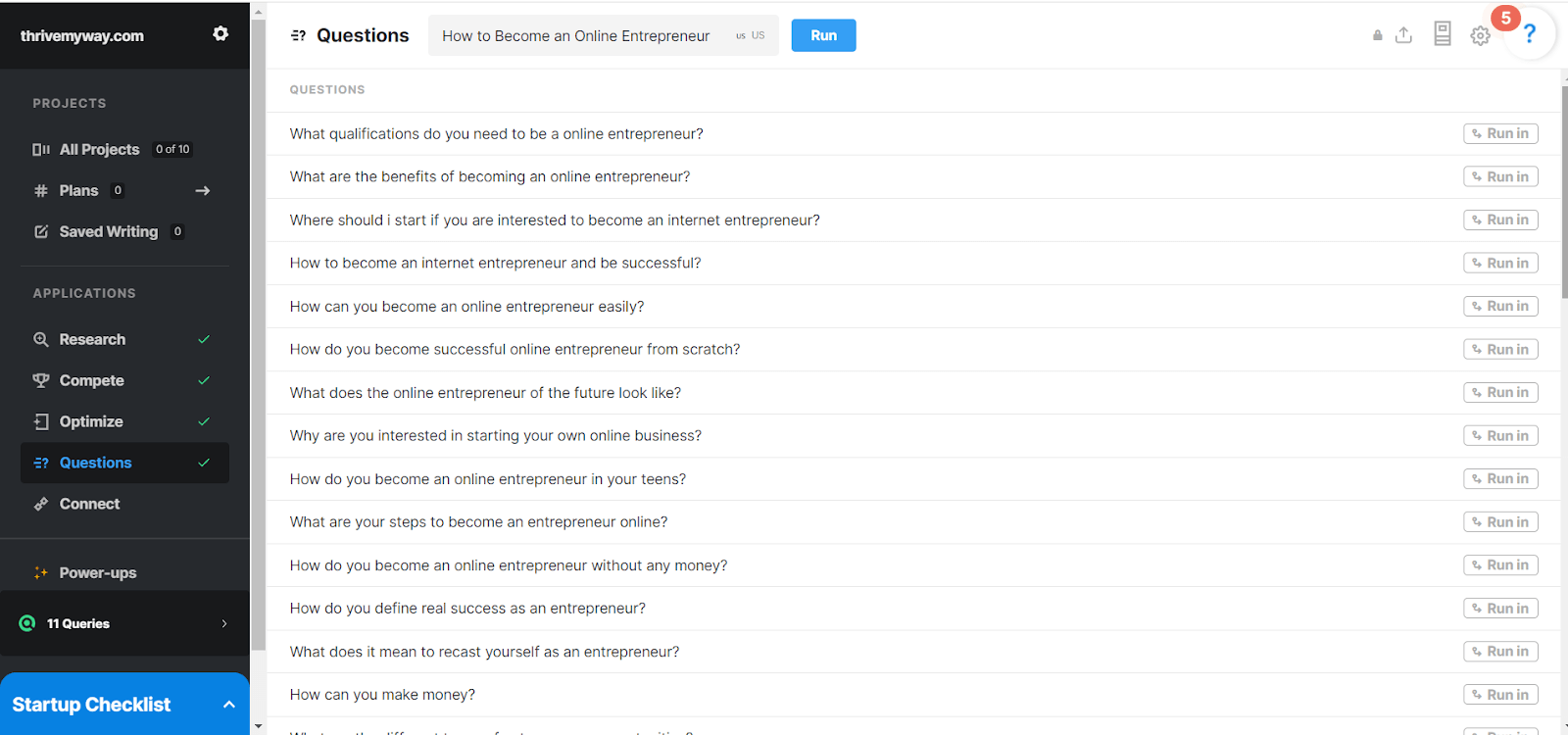 MarketMuse Questions application showing a list of questions for a specific topic.