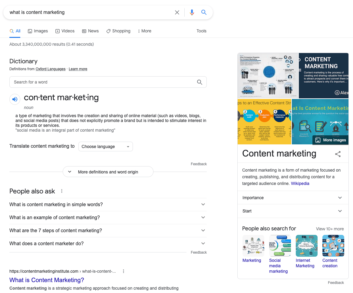 Google search result for the phrase "what is content marketing"
