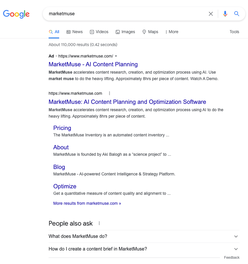 Google SERP showing enhanced organic listing and People Also Ask.
