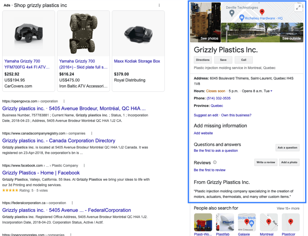Google SERP result showing ads, organic listings, and Google Business Profile.