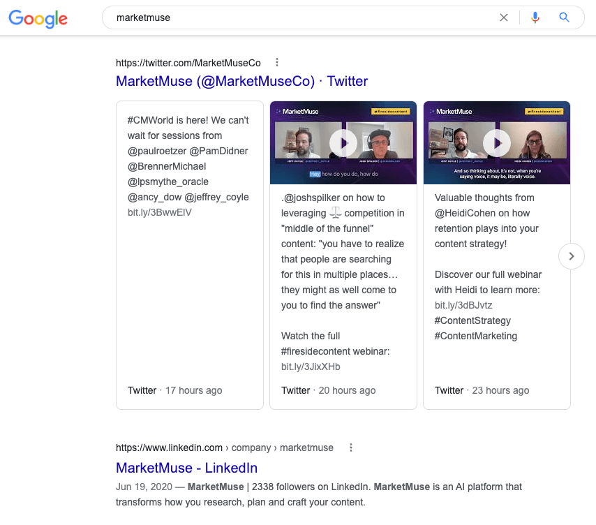 Google SERP featuring a Twitter with three tweets from MarketMuse official Twitter stream.