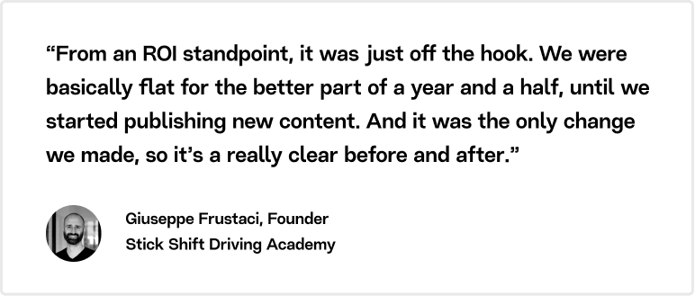 “From an ROI standpoint, it was just off the hook. We were basically flat for the better part of a year and a half, until we started publishing new content. And it was the only change we made, so it’s a really clear before and after.” Giuseppe Frustaci, Founder
Stick Shift Driving Academy.