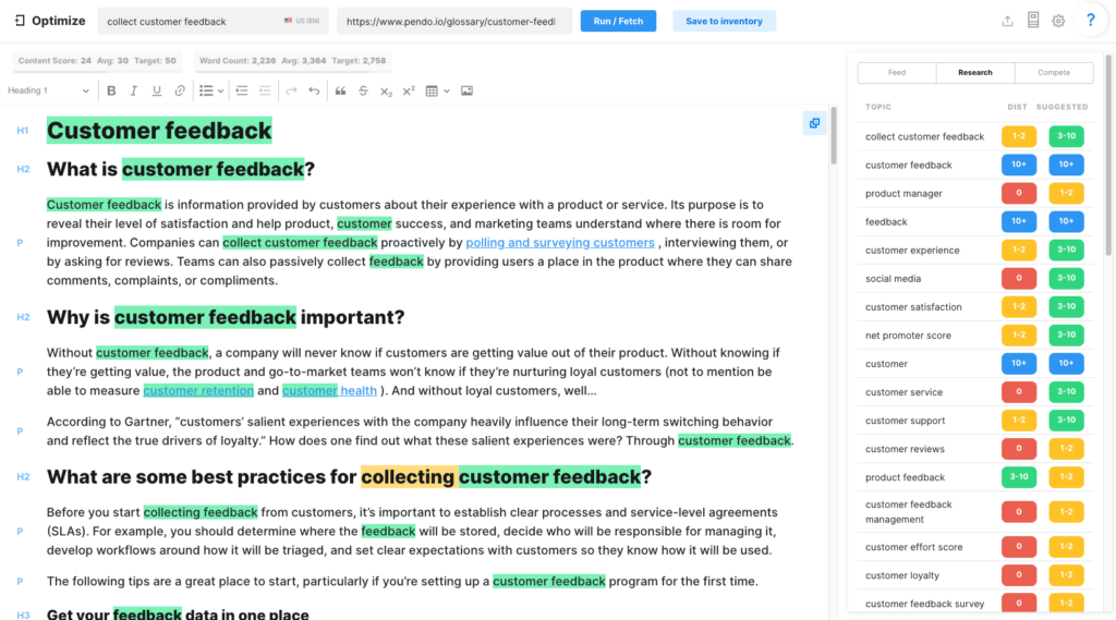 MarketMuse optimize showing text written for a specific subject along with a list of relevant subtopics whose usage is highlighted within the text.