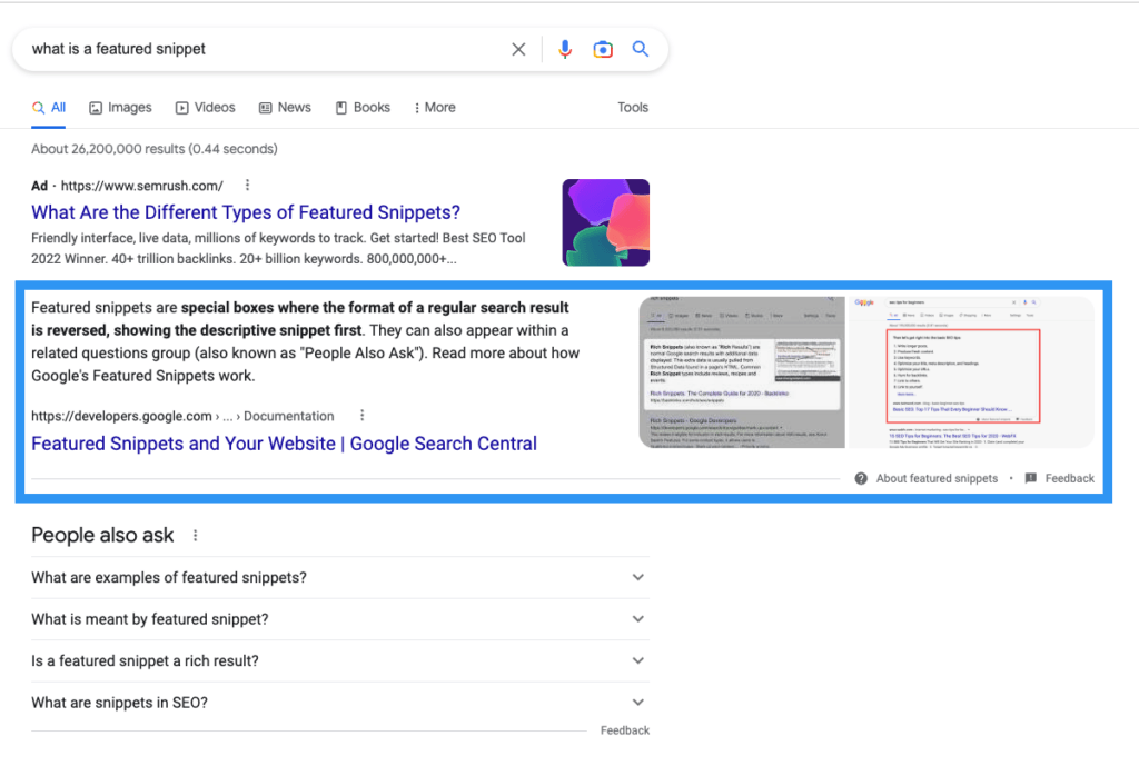 Google search result showing a featured snippet near the top of the page