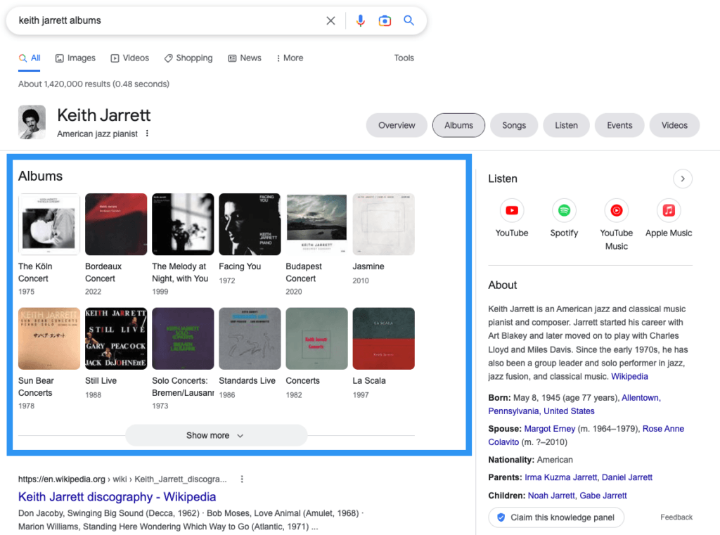 Google search results page showing a knowledge card visual element.