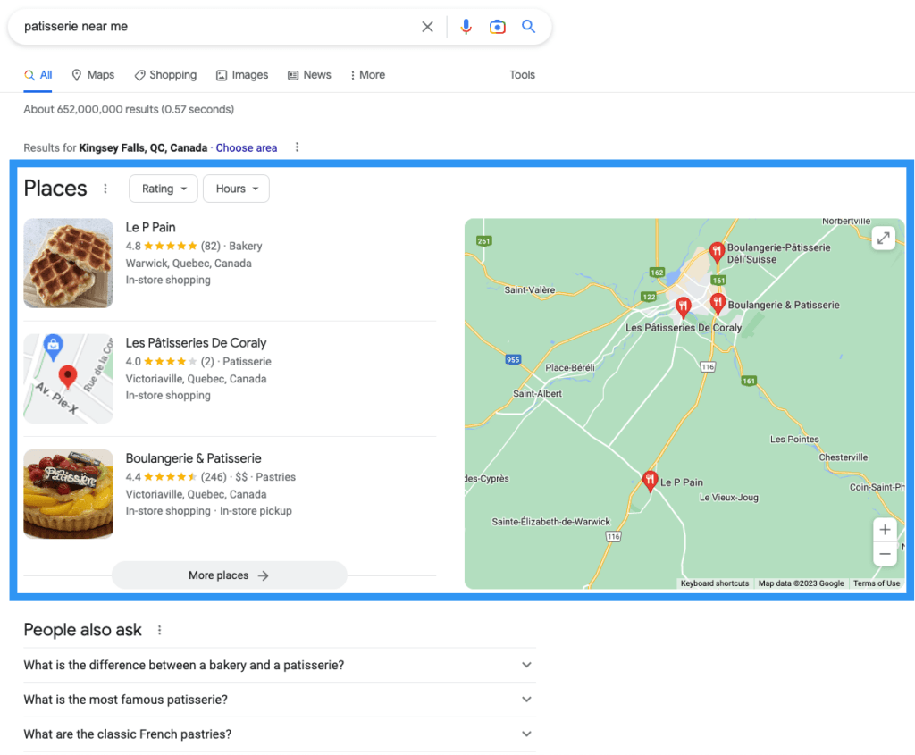 Google search results page showing the places visual element.