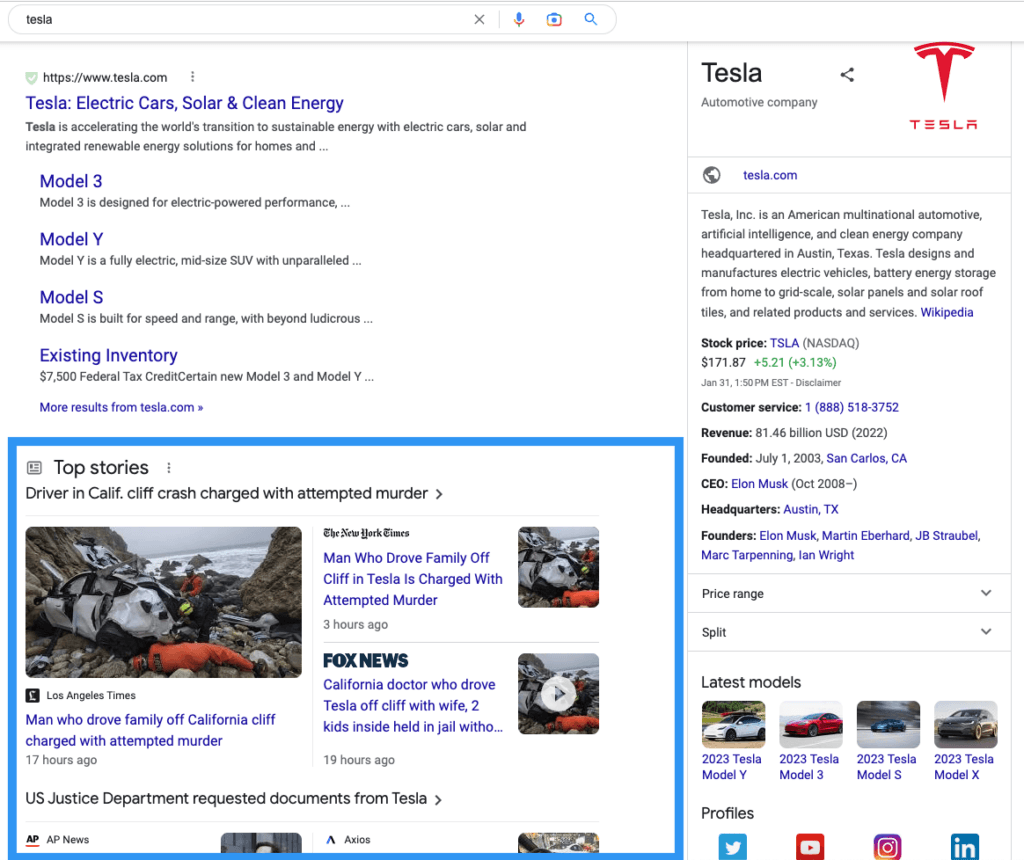 Google search results page highlighting the news visual element.