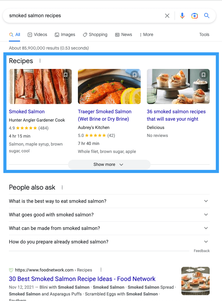 Google search results page highlighting the recipes visual element.
