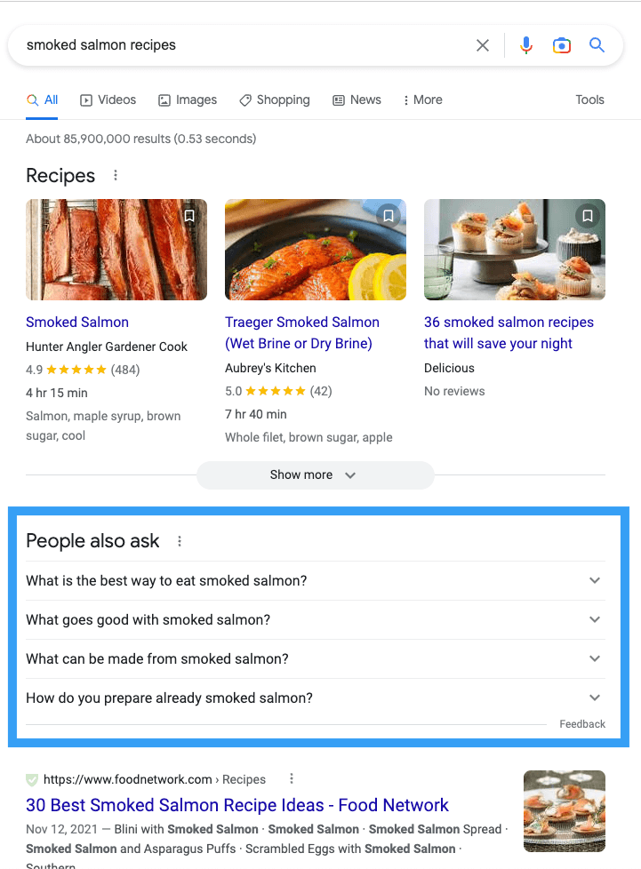 Google search results page highlighting the related questions visual element.
