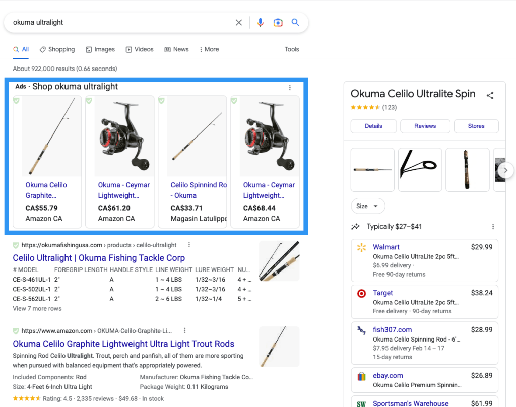 Google search results page highlighting the shopping results visual element.
