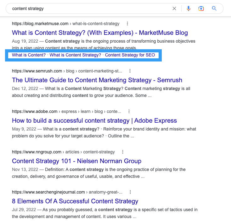 Google search results page highlighting the sitelinks visual element.
