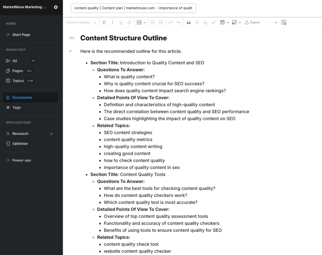 MarketMuse content brief showing the content structure outline including questions to answer, detailed points of view to cover, and related topics.