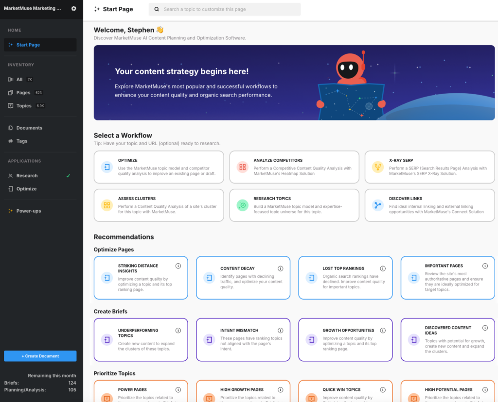 The MarketMuse application dashboard, which serves as a start page for AI-powered content strategy and optimization. The page is organized into sections that allow users to select a workflow, see recommendations for optimizing pages, and prioritize topics.